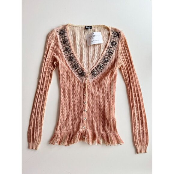 D&G DOLCE & GABBANA Pink Pointelle Knit Embellished Cardigan Sweater, Size XS - Picture 5 of 16